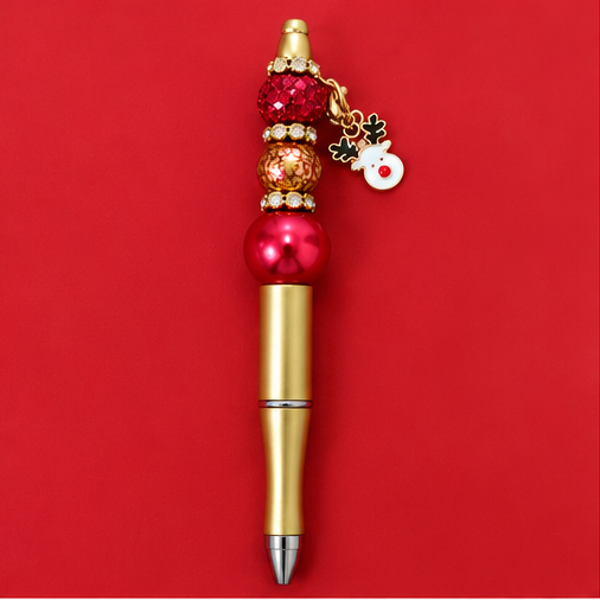 Christmas Reindeer Beaded Pen – Red & Gold Festive Gif