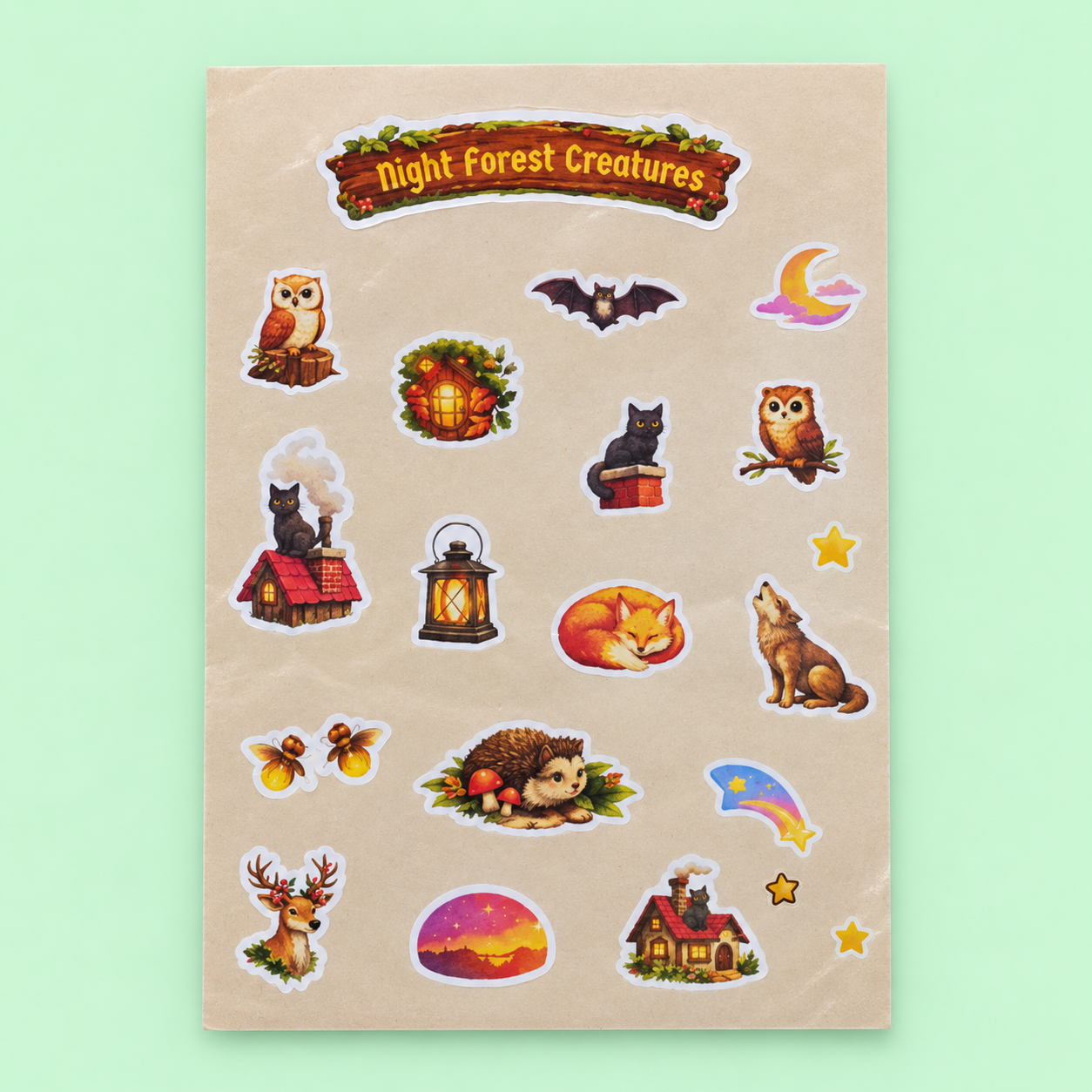 Night Forest Creatures – Magical Woodland Animal Sticker Sheet