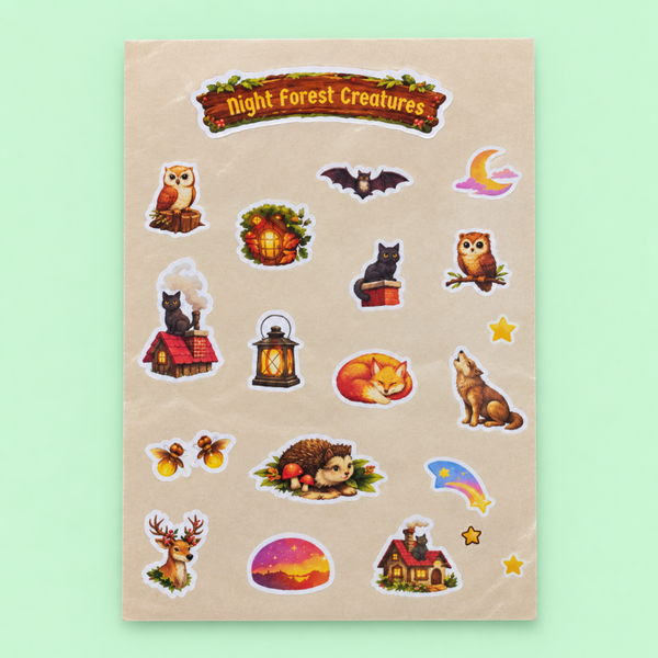 Night Forest Creatures – Magical Woodland Animal Sticker Sheet
