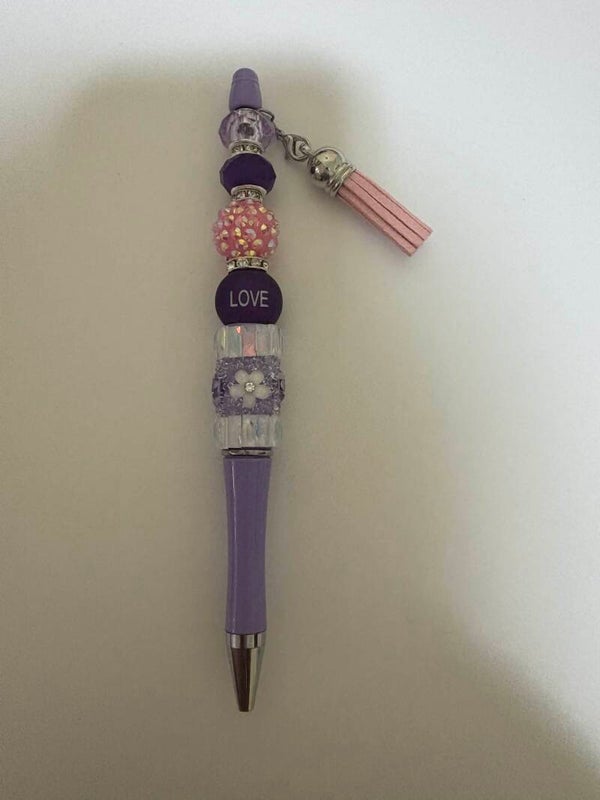 Pink & Purple Rhinestone Beaded Pen with Flower Accent – Black Ink, Elegant Writing
