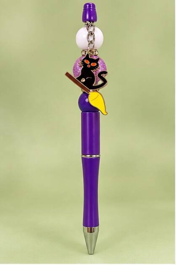Midnight Witch Cat Beaded Pen – Purple Halloween Charm Pen