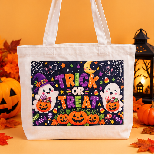 Trick or Treat Halloween Tote Bag | Cute Ghost & Pumpkin Candy Bag | Kids Halloween Trick or Treat Bag