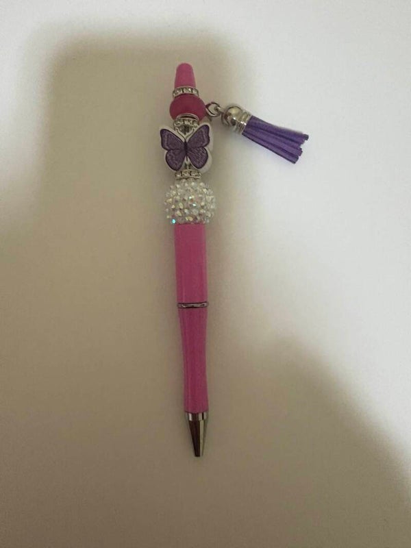 Purple Rhinestone Beaded Pen with Butterfly Accent – Black Ink, Elegant Design