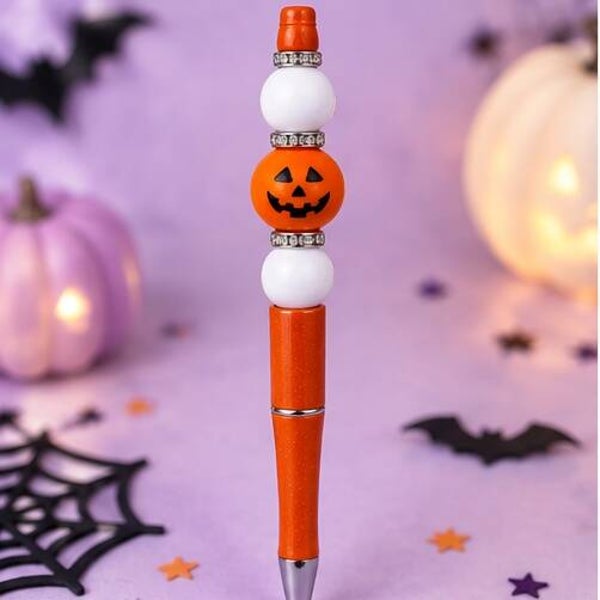 Pumpkin Glow Halloween Beaded Pen – Cute Orange Jack-O’-Lantern