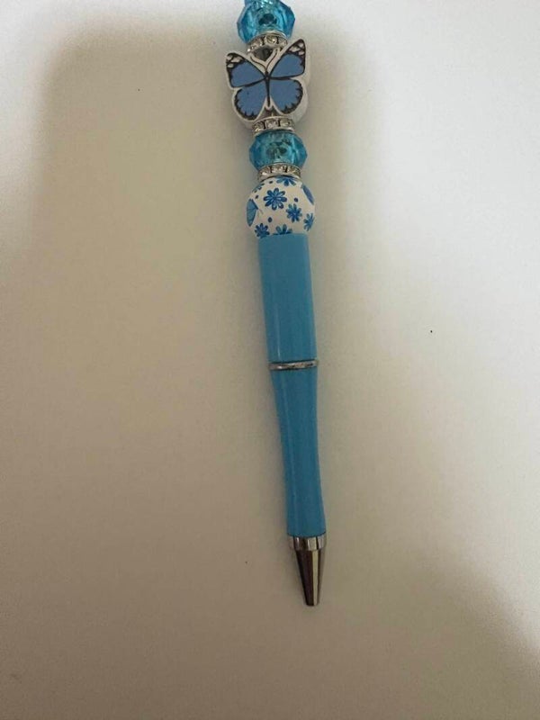 Blue Butterfly Beaded Pen | Handmade Decorative Ballpoint Pen | Gift for Stationery Lovers