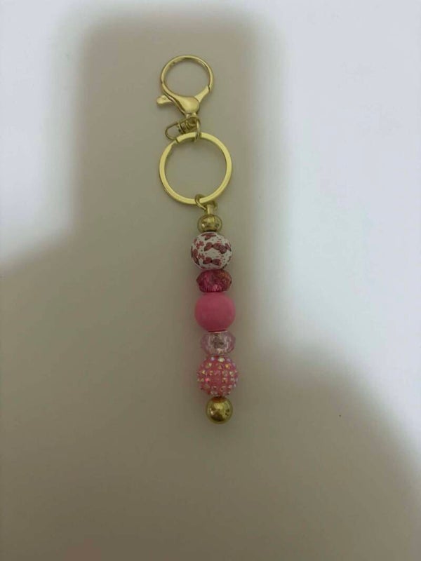 Small Gold-Colored Keychain with Pink Beads, Butterfly & Rhinestone Charm