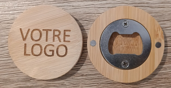 Décapsuleur rond en bambou avec logo aimanté