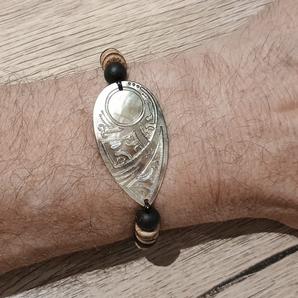 DV PERRIERS BRACELET NACRE DE TAIHITI GRAVE, PERLES BOIS COCO