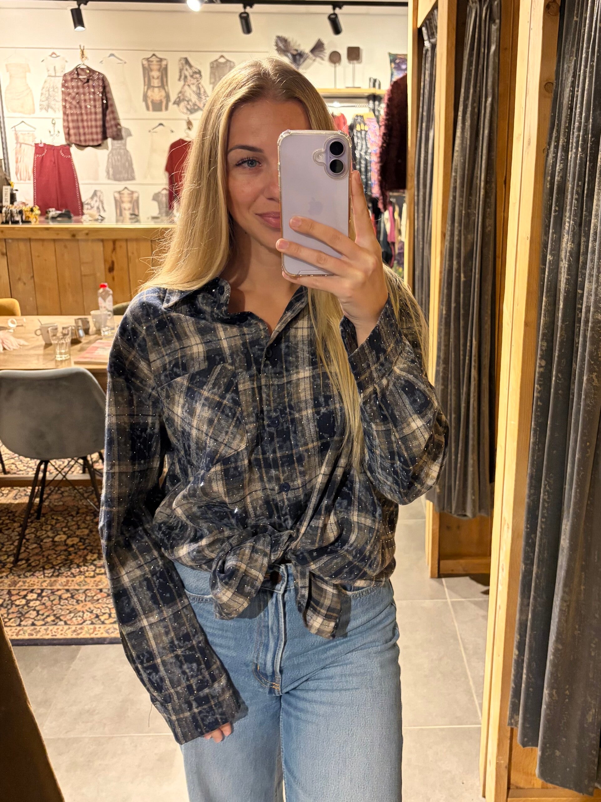 Ruiten blouse met studs - Blauw