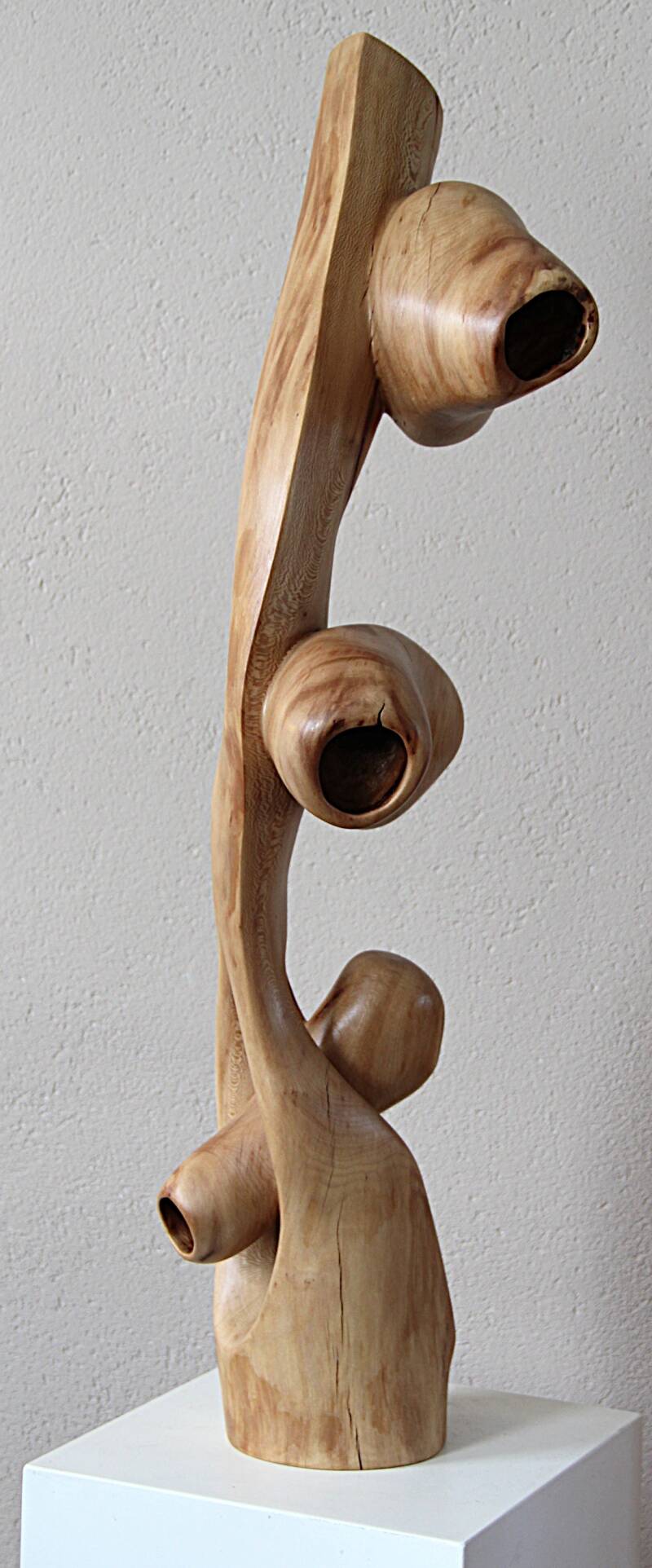 kersenhout sculptuur met holtes voor huisvesting. Dit beeldhoutwerk is glad en met olie behandeld.