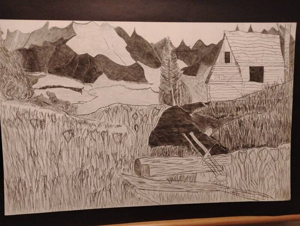 log cabin barn with mountain range