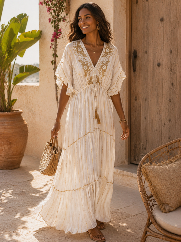 Bohemian Luxe Maxi Jurk gouden bloemen  – Handgestikt & Exclusief