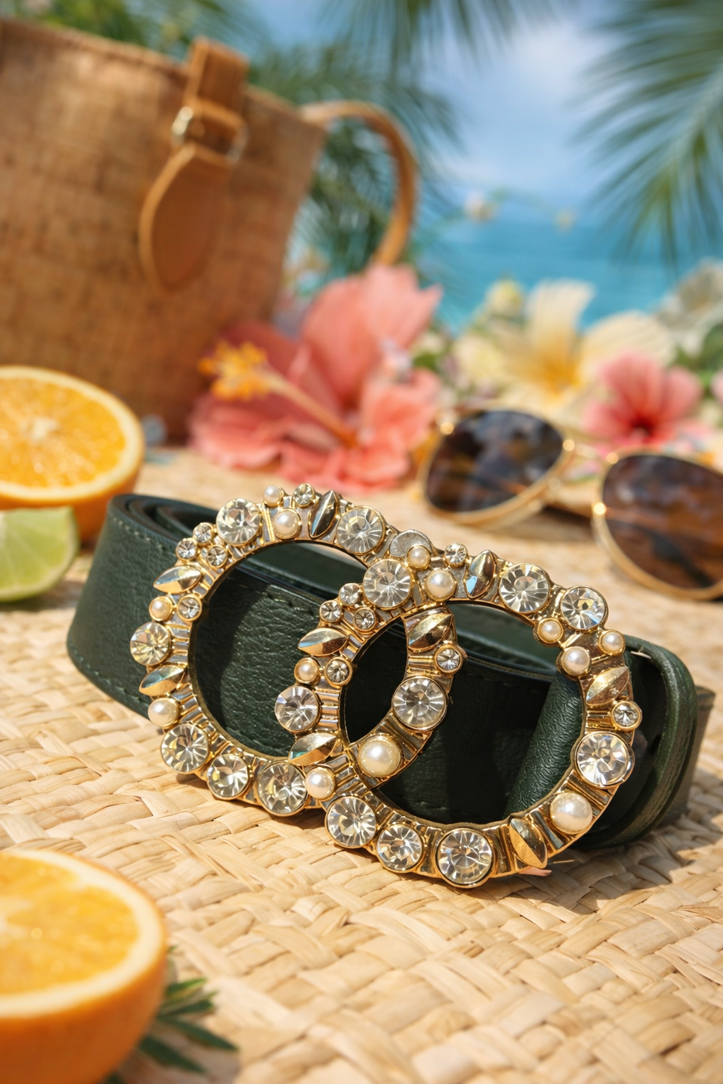 Diamond riem zwart -camel-groen