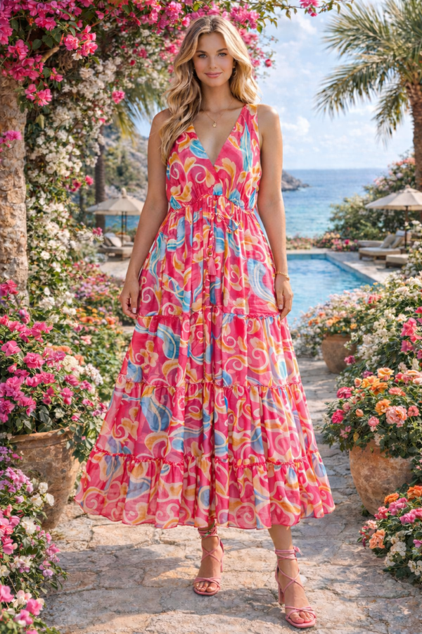 Maxi Jurk Dames – Bohemian Zomerjurk Roze-BLauw
