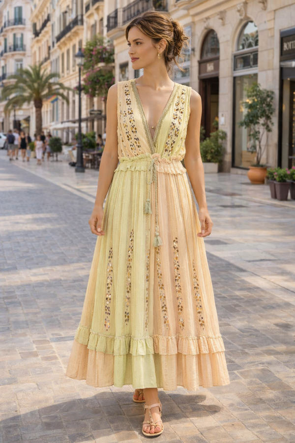 Maxi Jurk Dames Pastel Geel Perzik