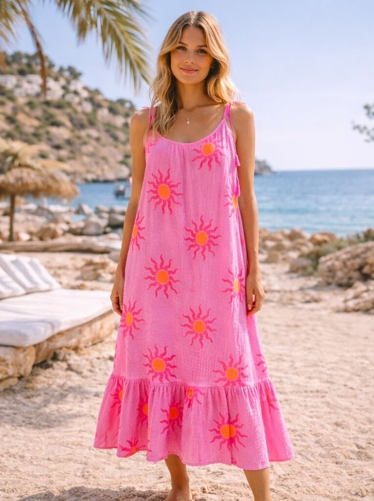 Maxi Jurk Dames Roze – Zomerjurk met Zonprint