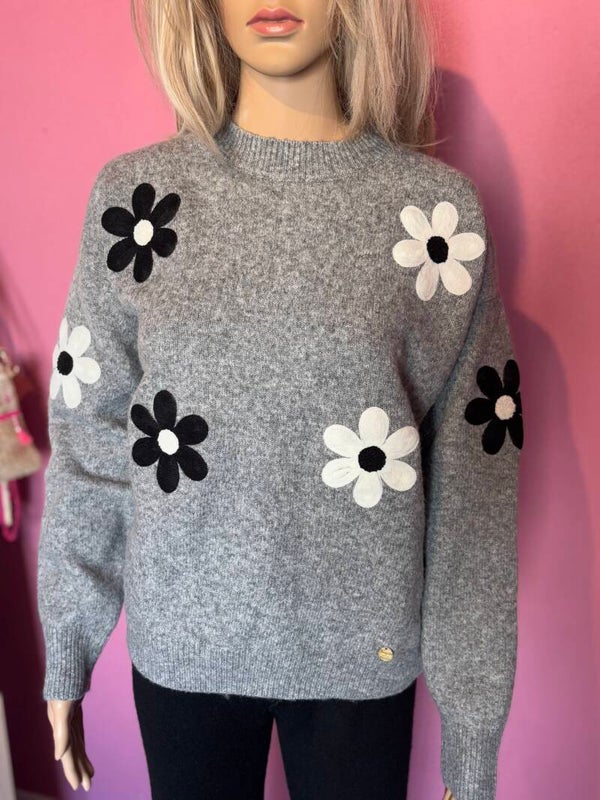 Bloemen trui grijs