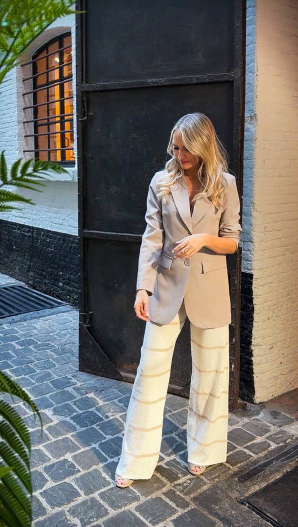 Elvire pants - Beige gestreepte broek met elastische taille
