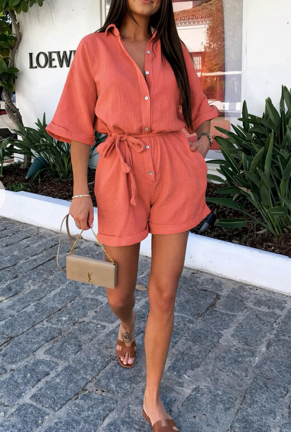 Virelle playsuit – tetra playsuit dames in katoen met strikceintuur