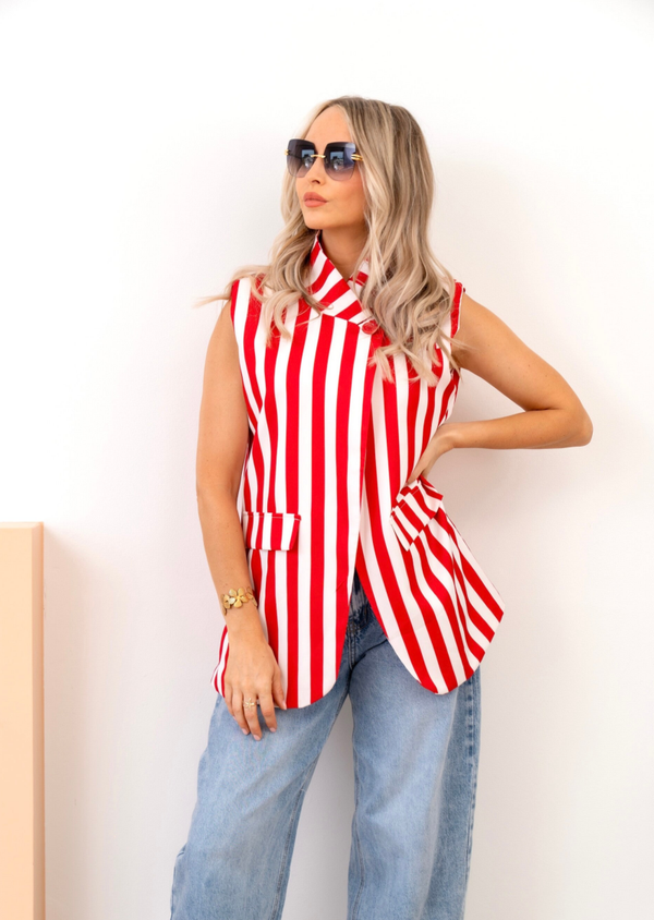 Riviera stripe gilet – Rood-witte gestreepte statement gilet