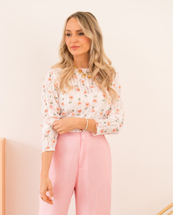 Rosalie lace flower top – wit/roze
