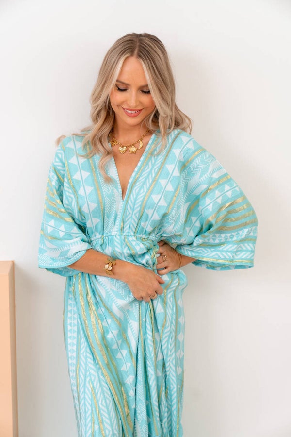 Boho Breeze jurk – mintgroene maxi jurk met gouden details