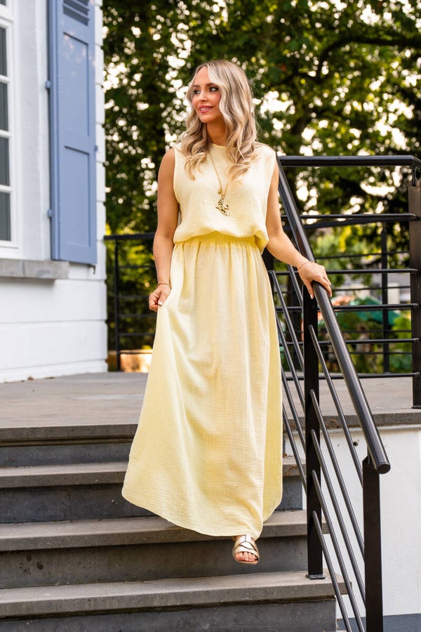 Nayla Set – Gele tetra top & rok in 100% katoen