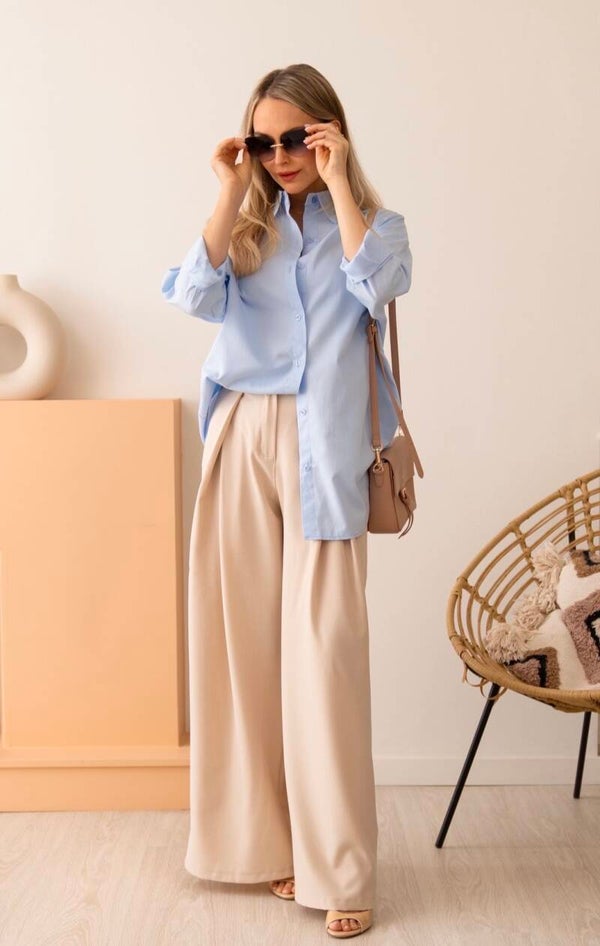 Amélie broek – Beige tailored broek met wijde pijpen