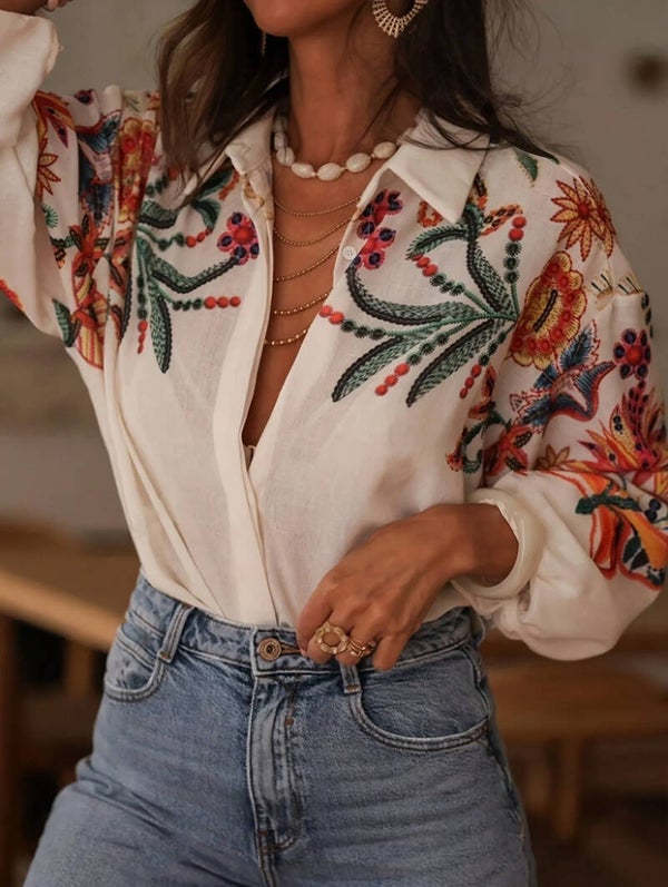 Solara blouse – luchtige dames blouse met print en linnen look