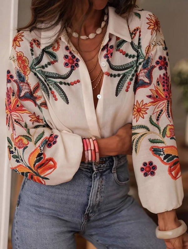 Solara blouse – zomerse dames blouse met print, linnen look en luchtige fit