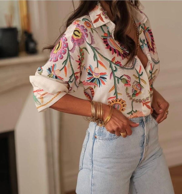 Solène blouse – dames blouse met kleurrijke print en linnen look