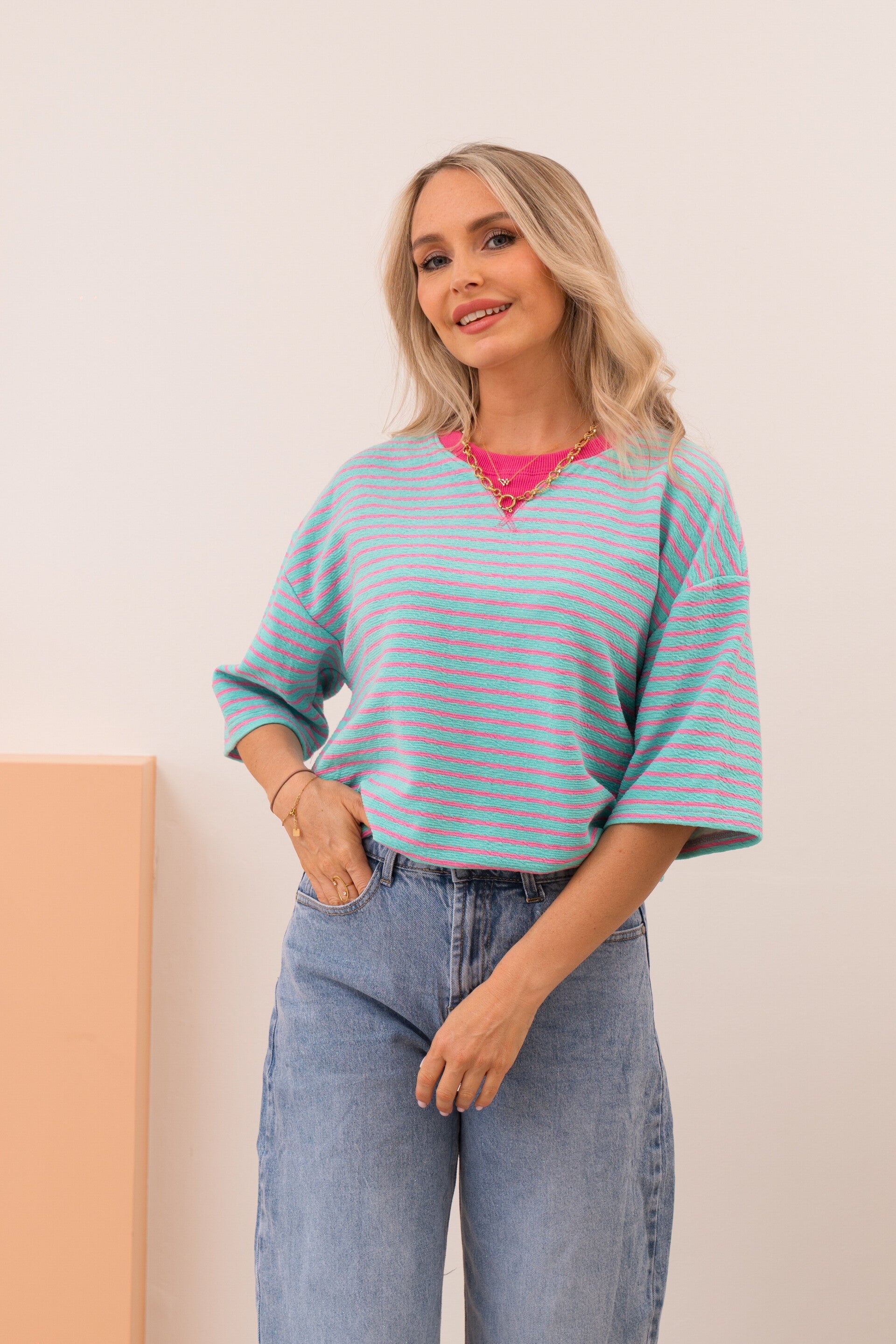 Candy stripe knit tee – pink & mint