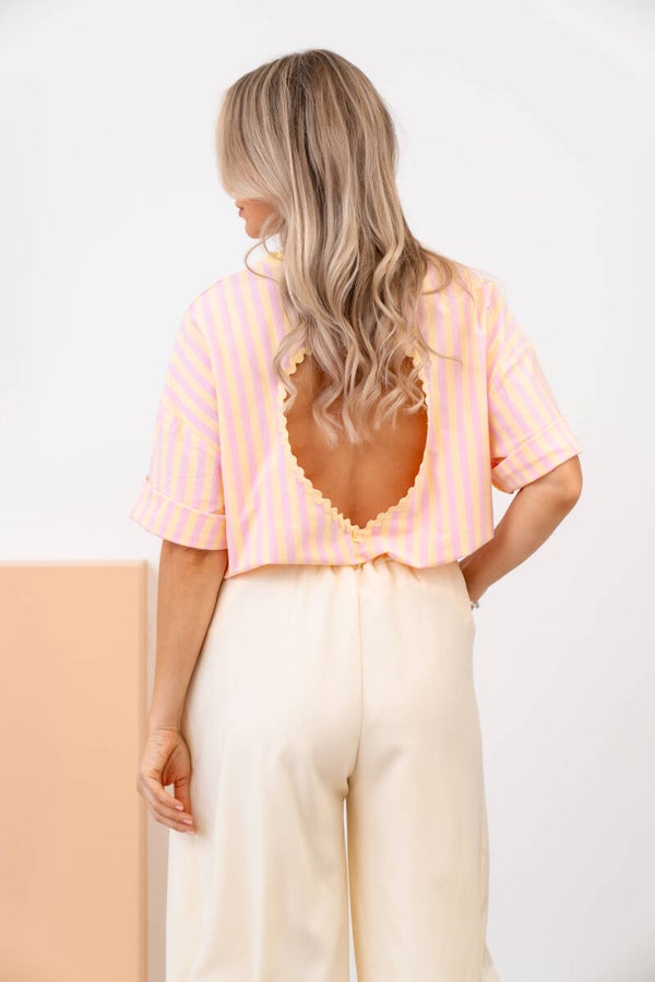 Rosalie T-shirt – gestreepte t-shirt roze/geel met hartje op de rug