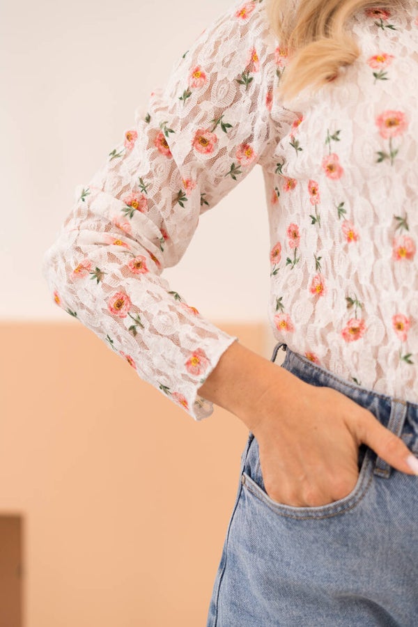 Rosalie lace flower top – wit/roze