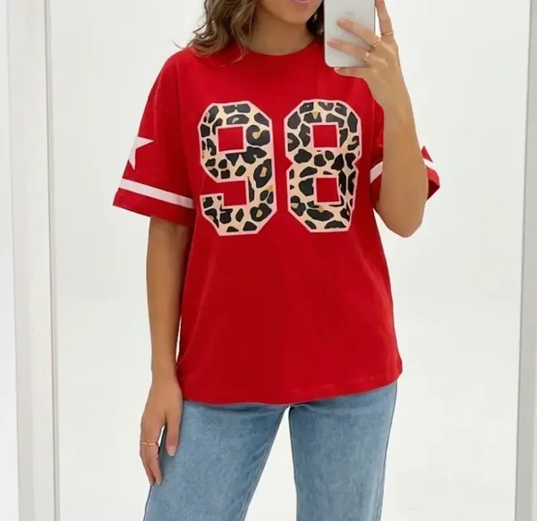 Oversized T-shirt '98' Red & Leopard