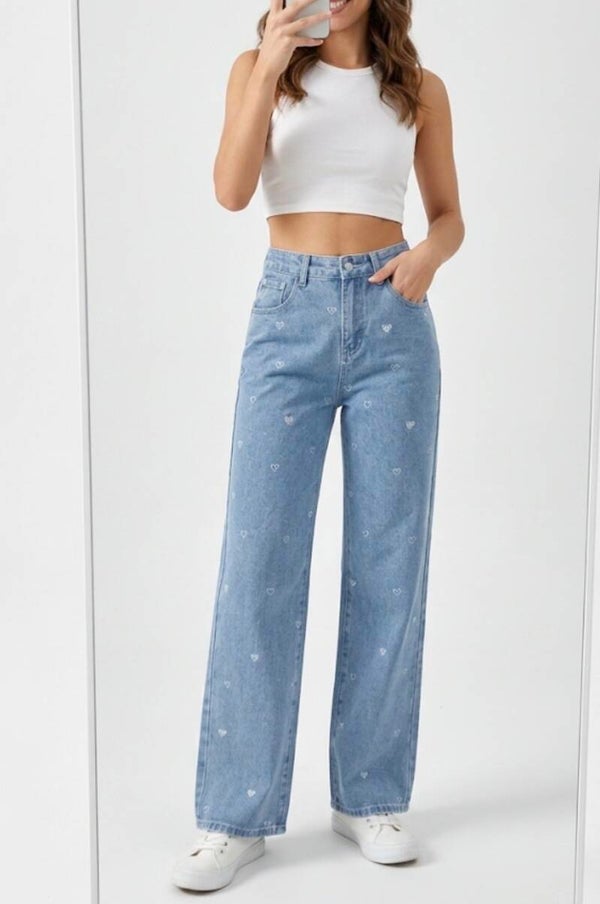 Sparkle Heart Wide-Leg Jeans – Light Blue