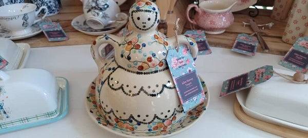 Vintage Dome Lady Cheese Keeper /Butter Dish  8"H x 8"W Poland Polish Pottery