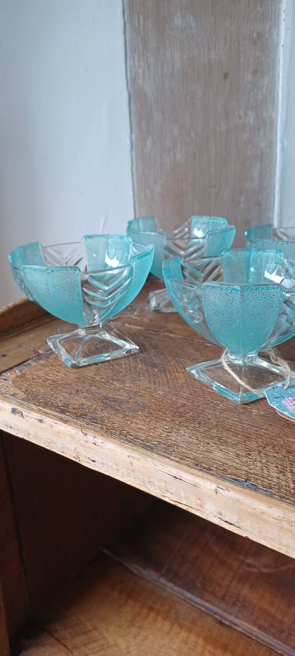 Vintage Art Deco Frosted Glass Dessert Bowls - Turquoise, set of 4