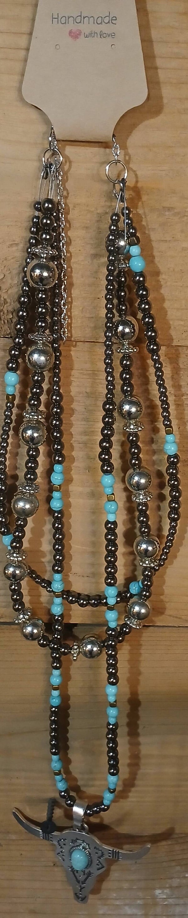 Turquoise Western style cow bull head necklace