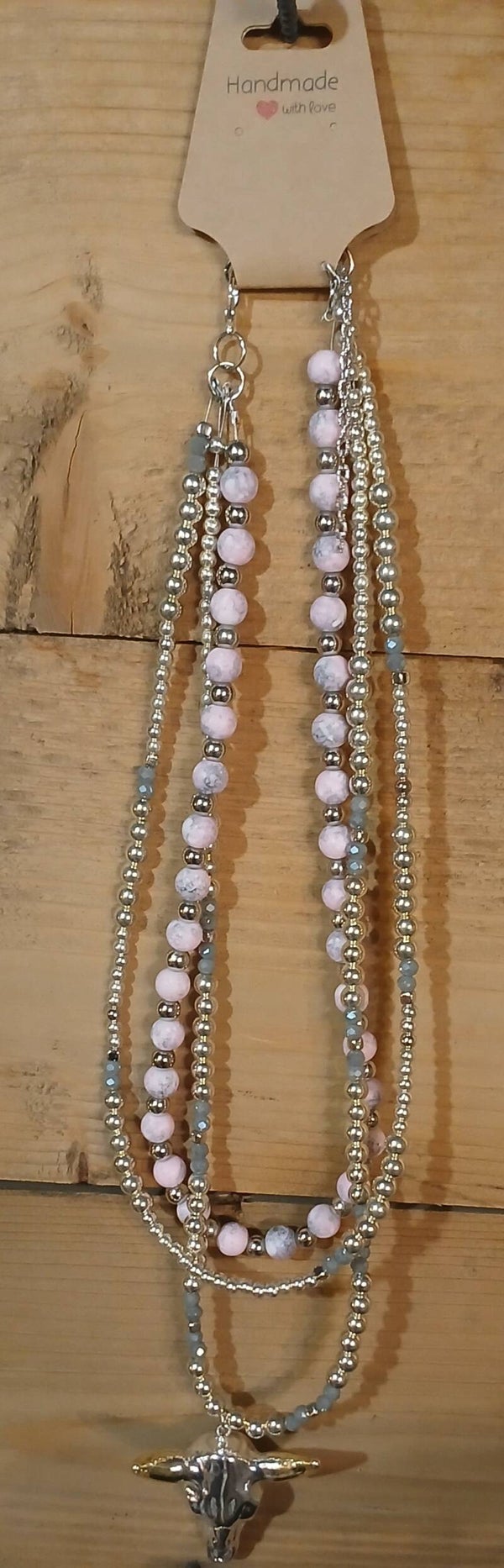 Western style skull cow head beaded necklace