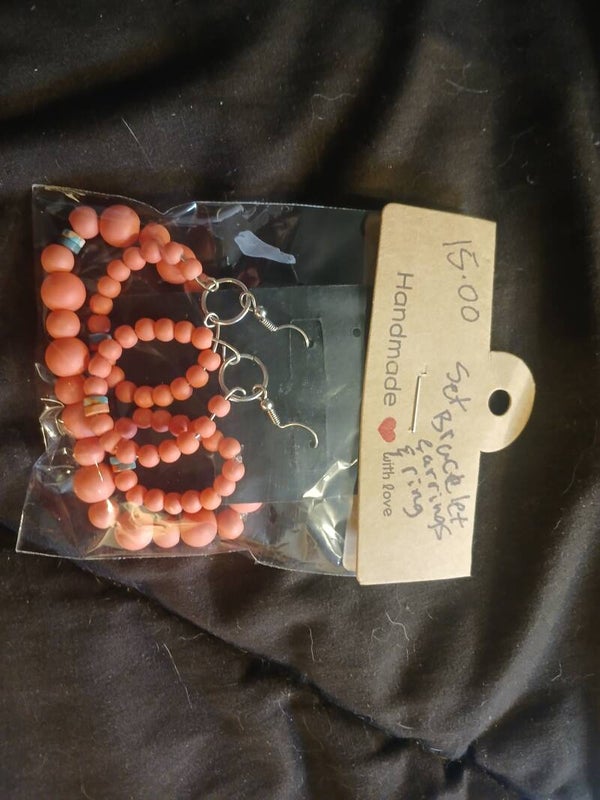 Peach bracelet/earrings/ring set