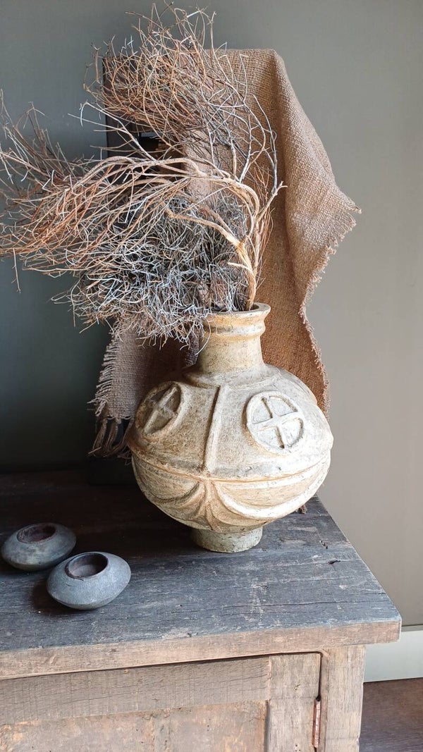 Dikke papiermaché vaas licht rustic