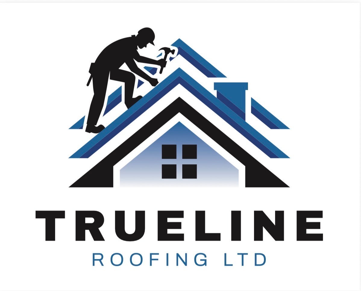Trueline Roofing Ltd logo featuring a roofer working on a pitched roof above a house icon