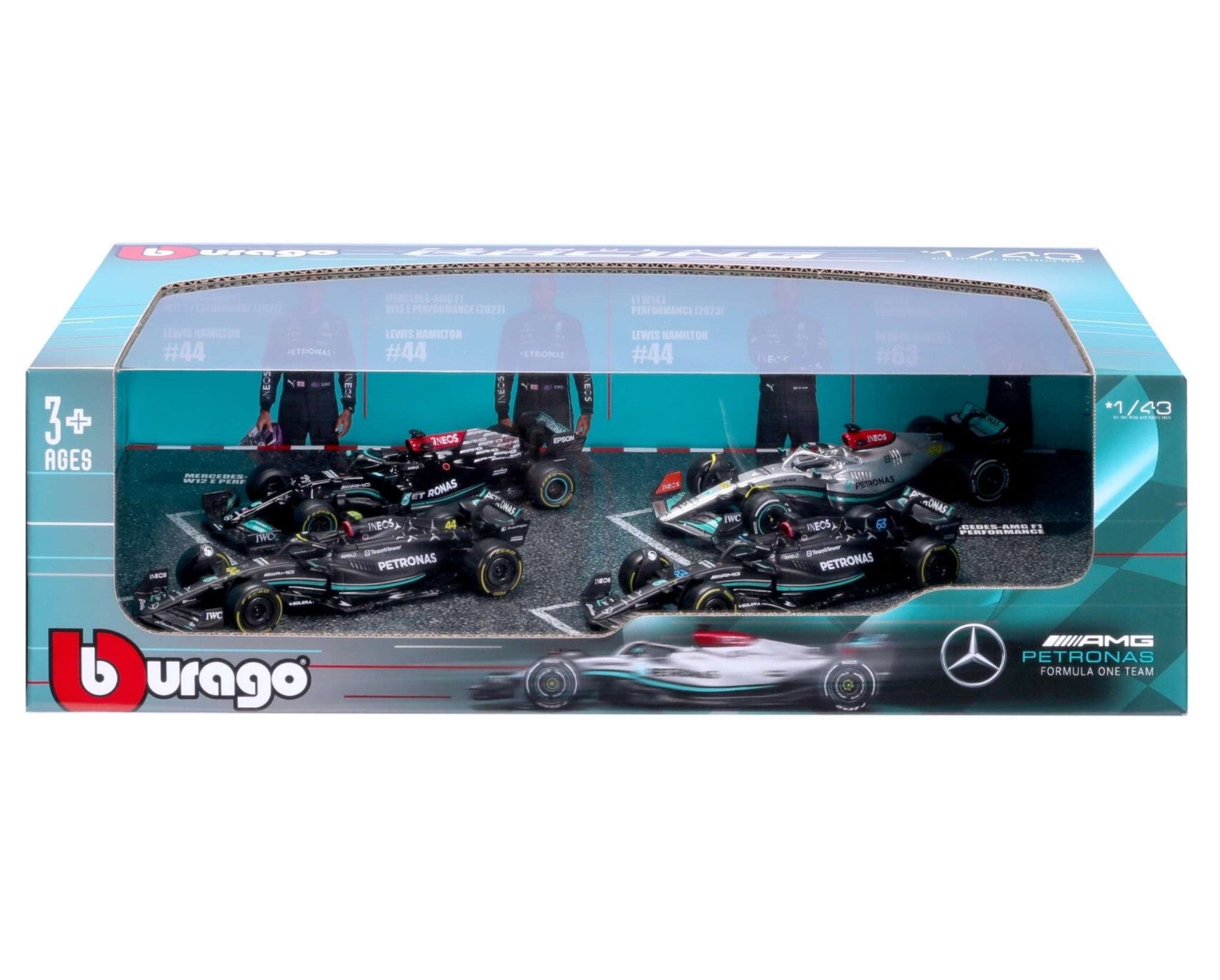 Bburago - Mercedes AMG F1 Hamilton / Russell (Set van 4 auto's)
