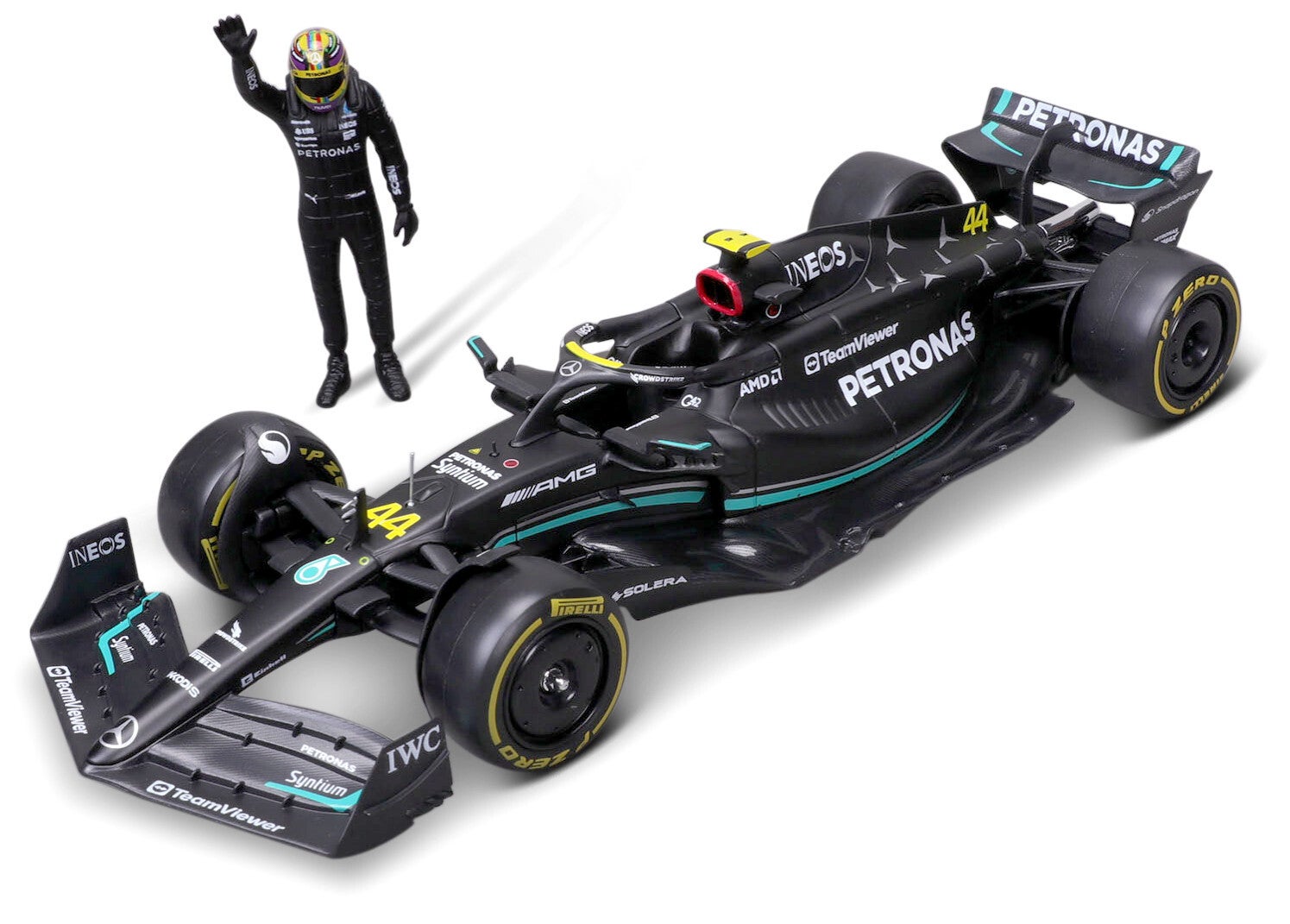 Bburago - Mercedes AMG F1 W14E met Lewis Hamilton figuurtje