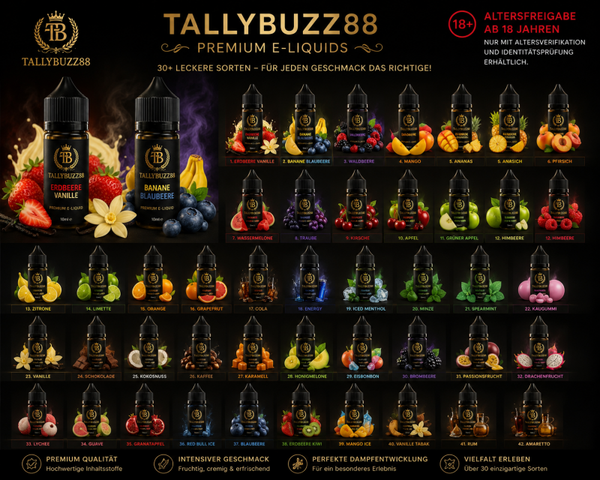TALLYBUZZ88 Premium E-Liquids – 30+ Exklusive Geschmacksrichtungen