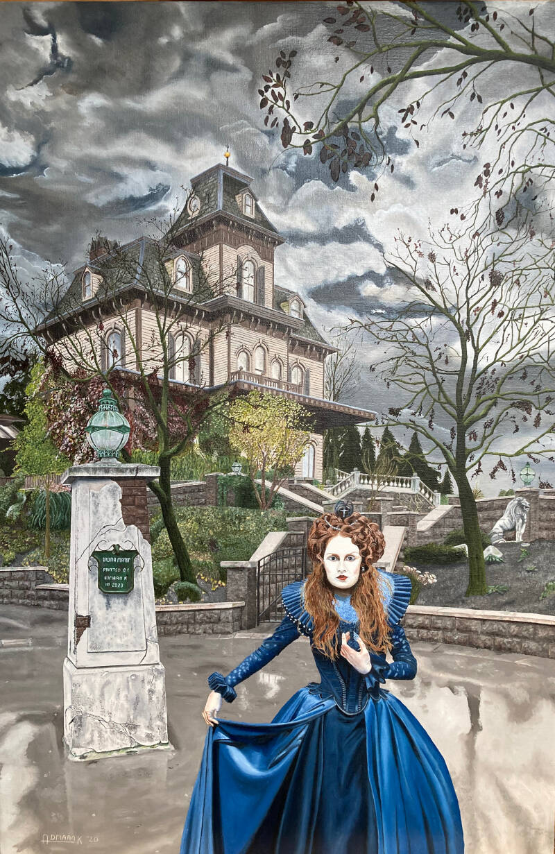 Lady in blue  2020  Dit schilderij is de tweede van de serie van twee blue lady's. Prachtige vrouwen, die zich niets van anderen aantrekken. Om verliefd op te worden zoals Pygmalion. En ook Adriaan is dit tijdens het schilderen overkomen.