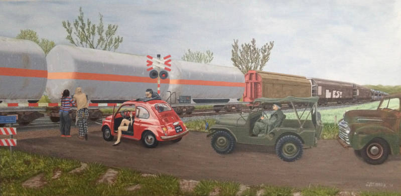 Schilderij: Lange trein Deze mensen moet lang op deze trein wachten. Dat komt omdat ze altijd zo veel nodig hebben. Dat moet allemaal aangevoerd worden. De mensen wachten dus op zichzelf. 46x86 cm olieverf op doek, in houten lijst  Long train These people