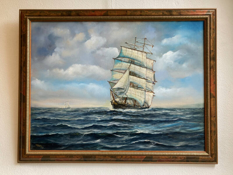 Een voor de wind varende klipper  olieverf op doek  60 x 80 cm inclusief lijst