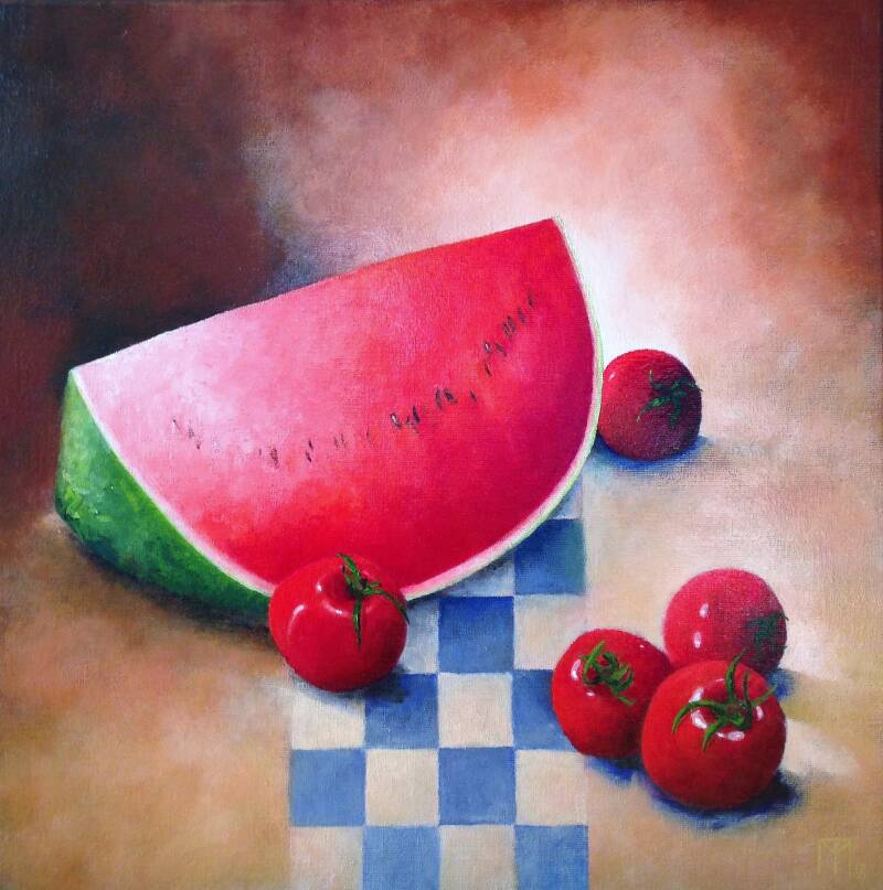 Watermeloen met vijf tomaten  acryl op linnen  60 x 60 cm  € 700
